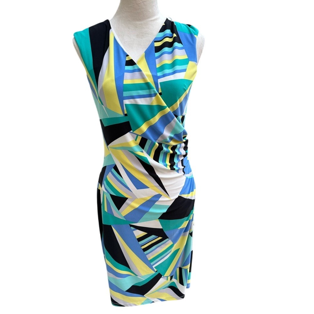 LAUREN- RALPH LAUREN. Geometric design in Blue, Yellow & White Shift dre…